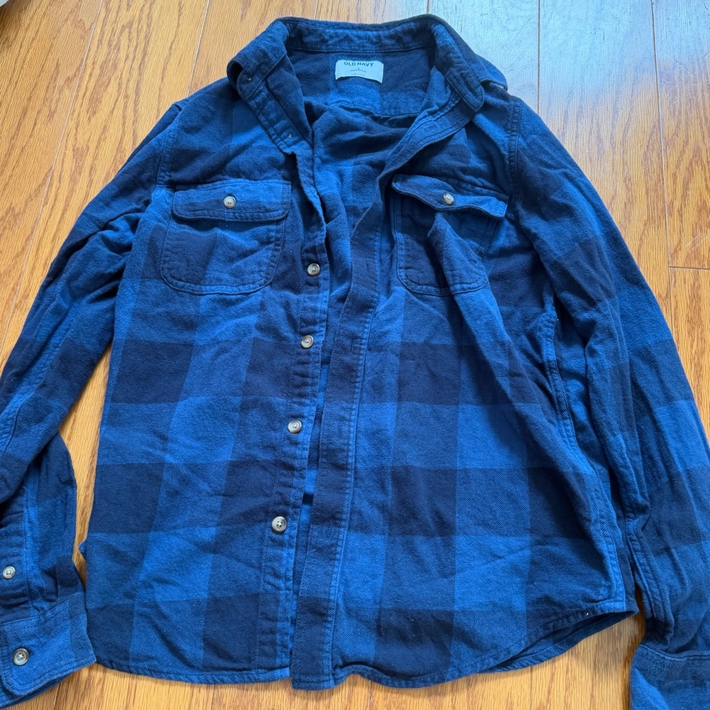 Old Navy Blue Plaid Flannel Shirt Jacket double brushed small long sleeve